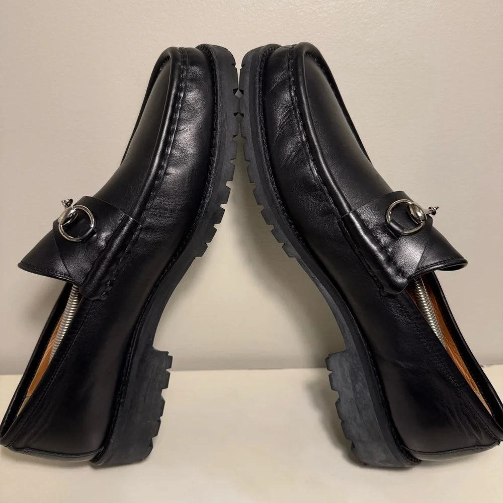 Gucci Horse Bit Lug Sole Black Leather Loafer Men’s Size 12.5 Brass Brown Logo - Picture 6 of 13